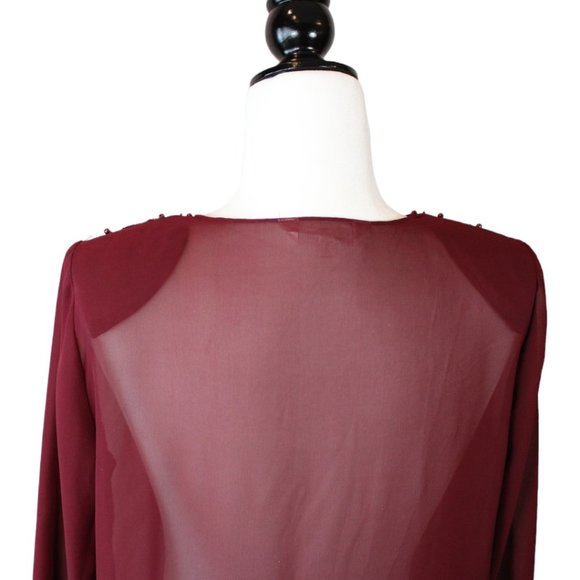 Tradition Beaded Over Blouse Size 8 Shoulder Pad Red Maroon Sheer High Low CA303 - Picture 8 of 13